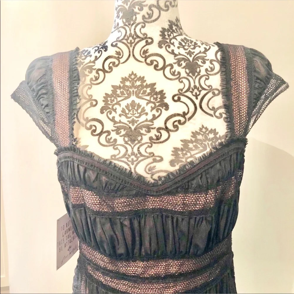FREE PEOPLE Alicia Black Sheer And Scrunched Detailing Mini Dress Size 10 - Picture 5 of 6